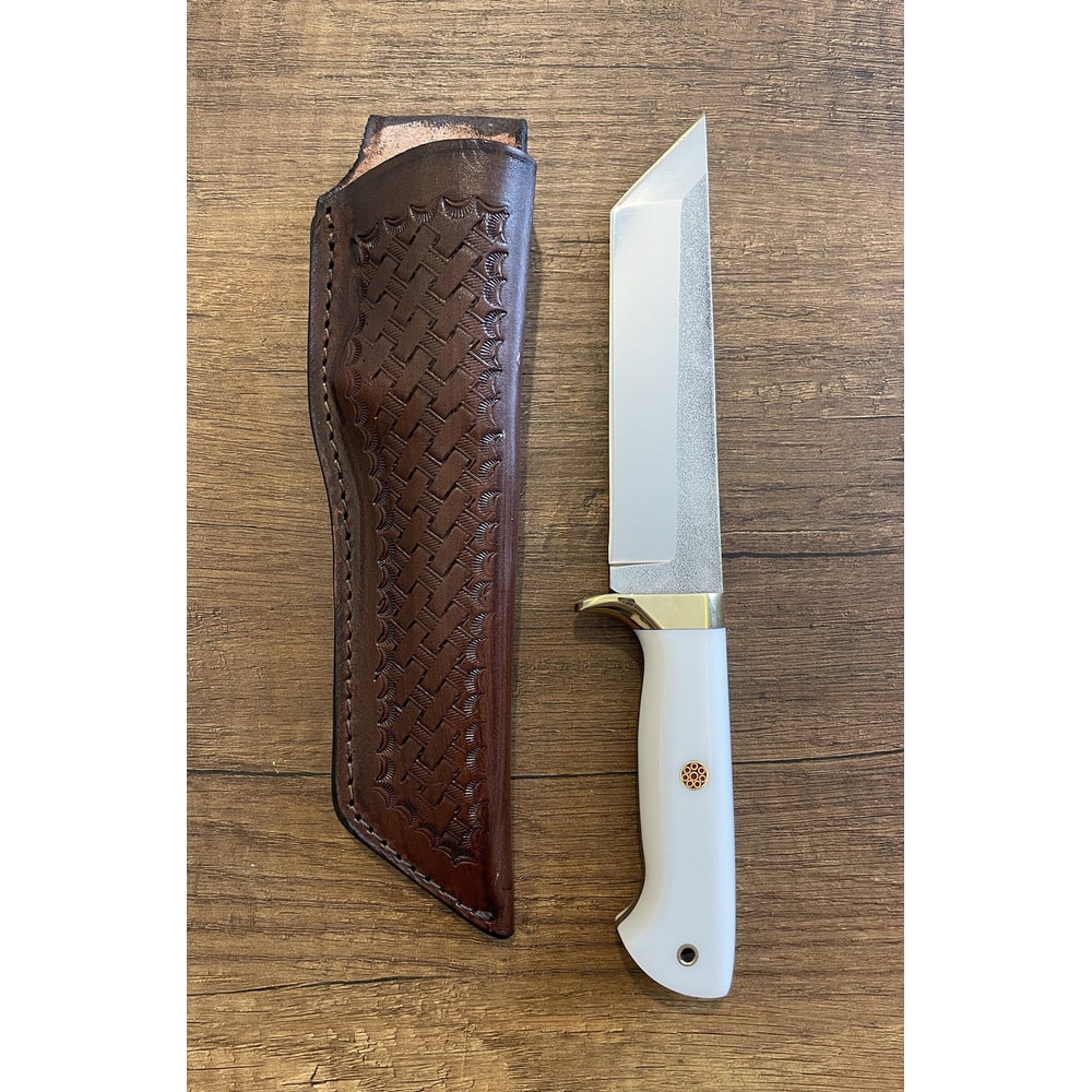 Survival Hunting Knife With White Corian Handle Leather Sheath 6