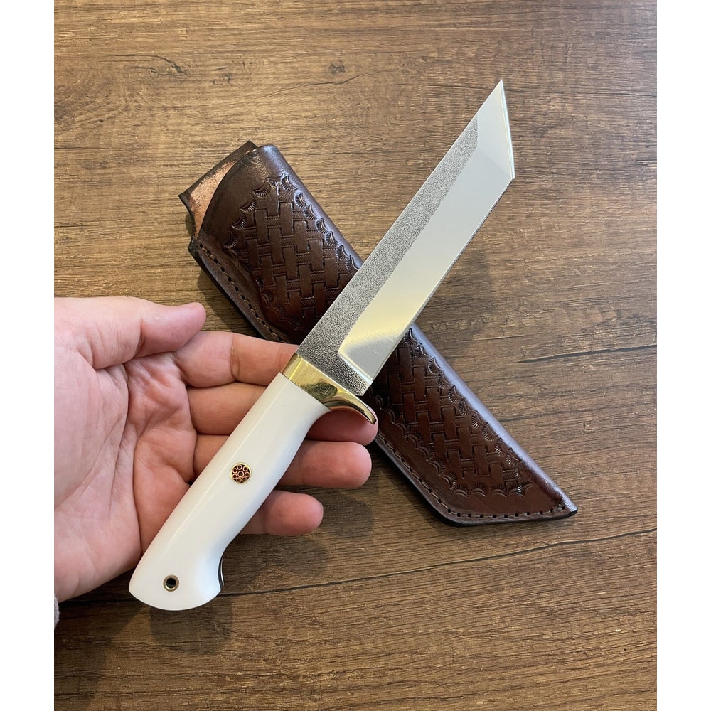 Survival Hunting Knife With White Corian Handle Leather Sheath 0