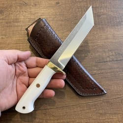 survival hunting knife with white corian handle & leather sheath