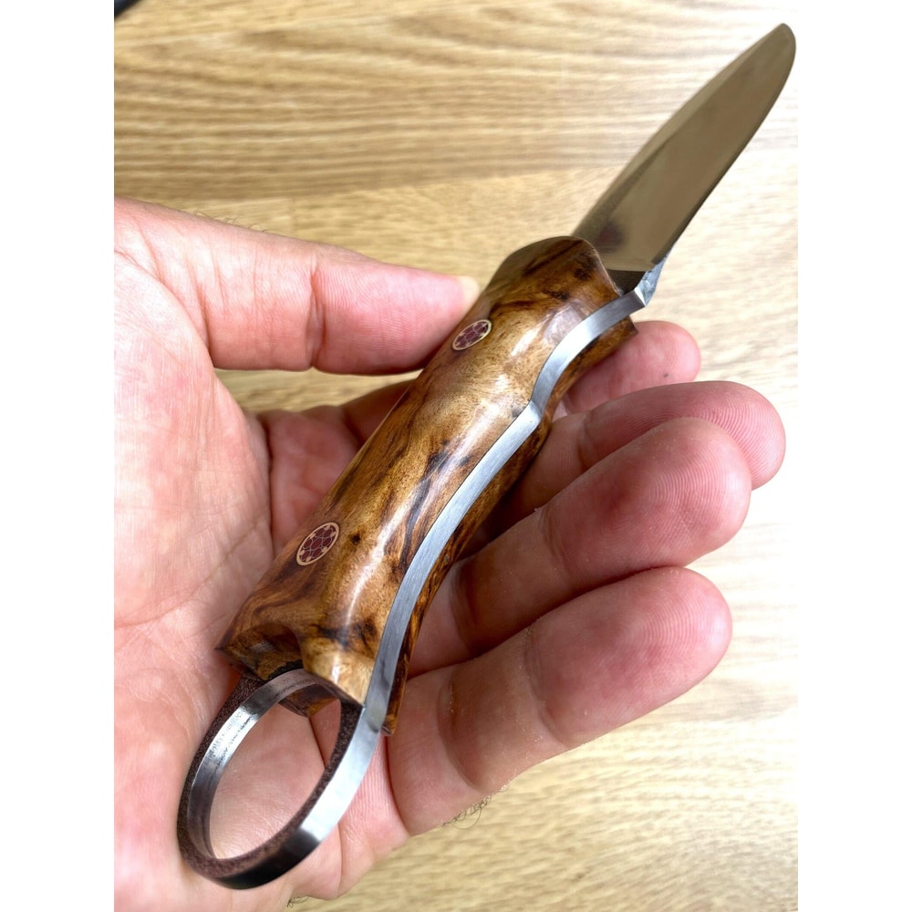 Camping Hunting Knife With Glossy Chestnut Wood Grip Leather Sheath 4
