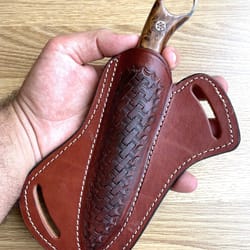 camping hunting knife with glossy chestnut wood grip & leather sheath