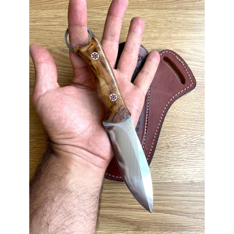 Camping Hunting Knife With Glossy Chestnut Wood Grip Leather Sheath 6