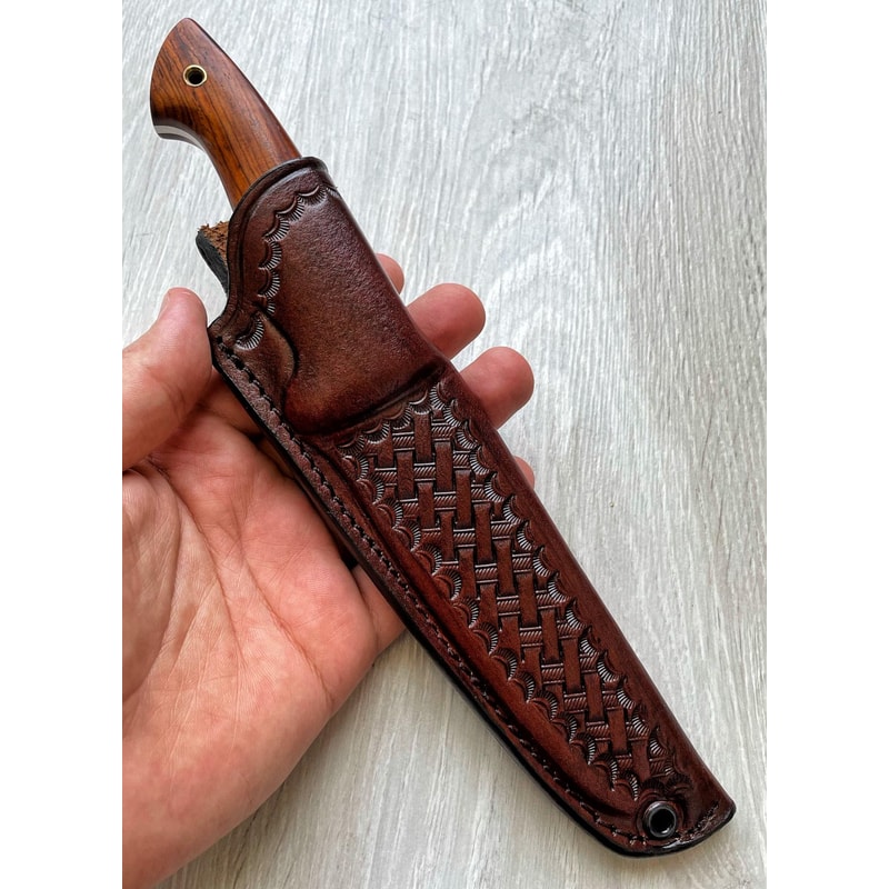 Survival Hunting Knife With Cocobolo Wood Grip Leather Sheath 4