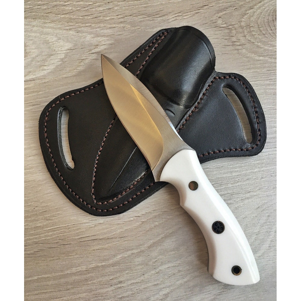 Compact EDC Hunting Knife With White Corian Handle Leather Sheath 0