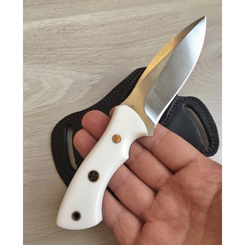 Compact EDC Hunting Knife With White Corian Handle Leather Sheath 5