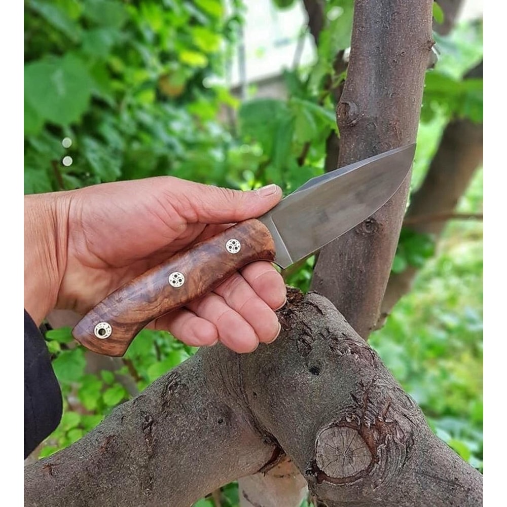 Camping Hunting Knife With Walnut Wood Grip Leather Sheath 3