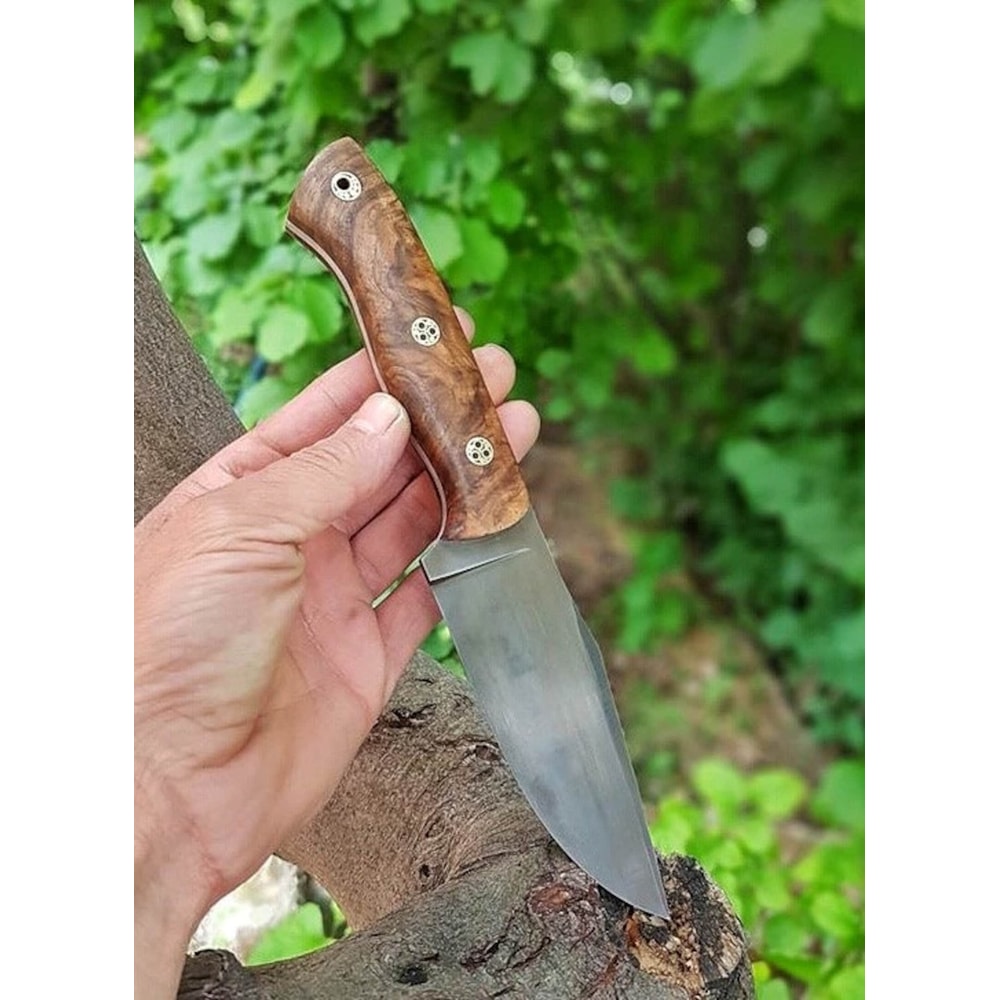 Camping Hunting Knife With Walnut Wood Grip Leather Sheath 4