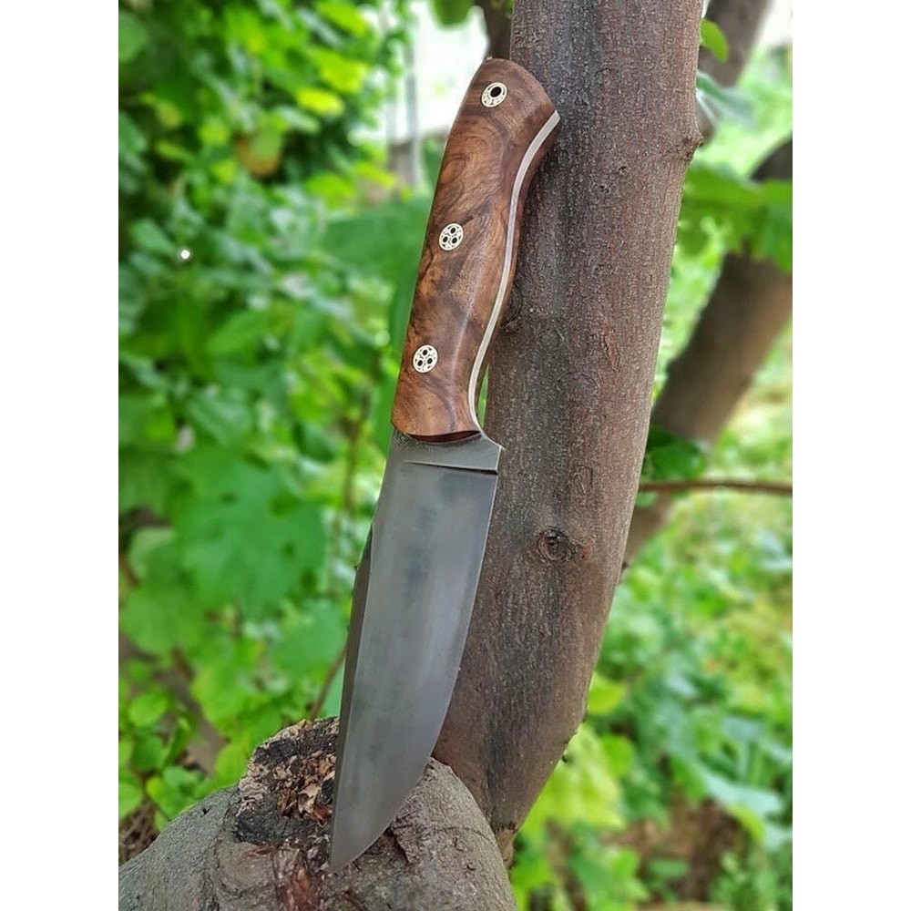 Camping Hunting Knife With Walnut Wood Grip Leather Sheath 5