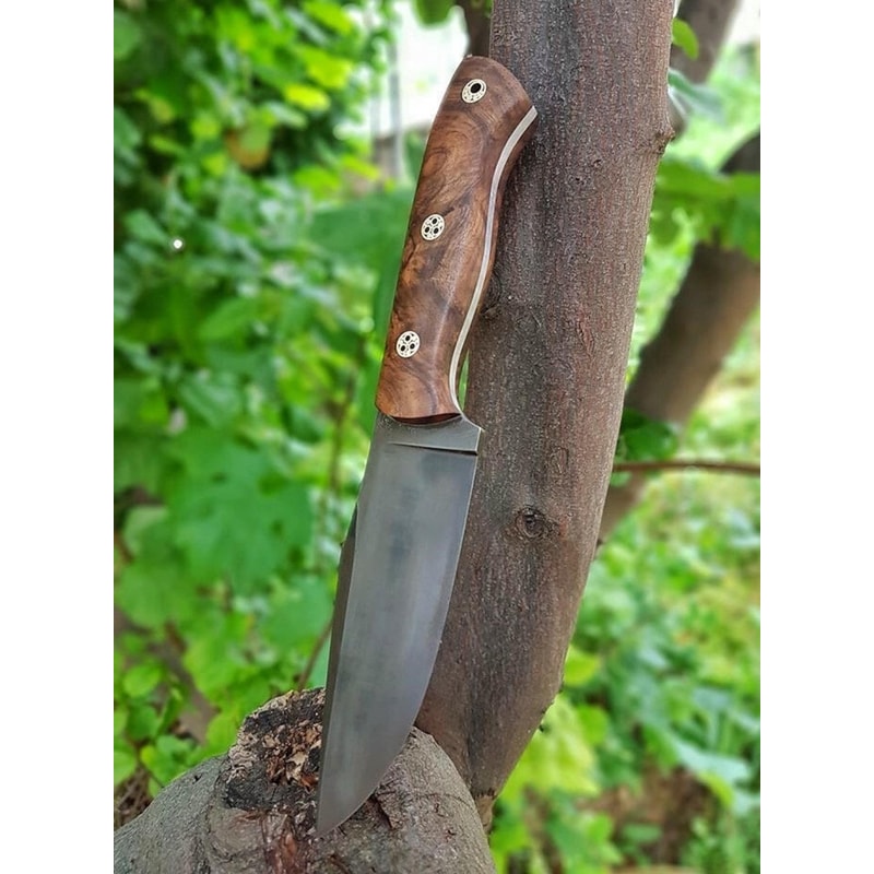 Camping Hunting Knife With Walnut Wood Grip Leather Sheath 5