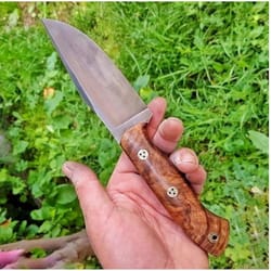 camping hunting knife with walnut wood grip & leather sheath
