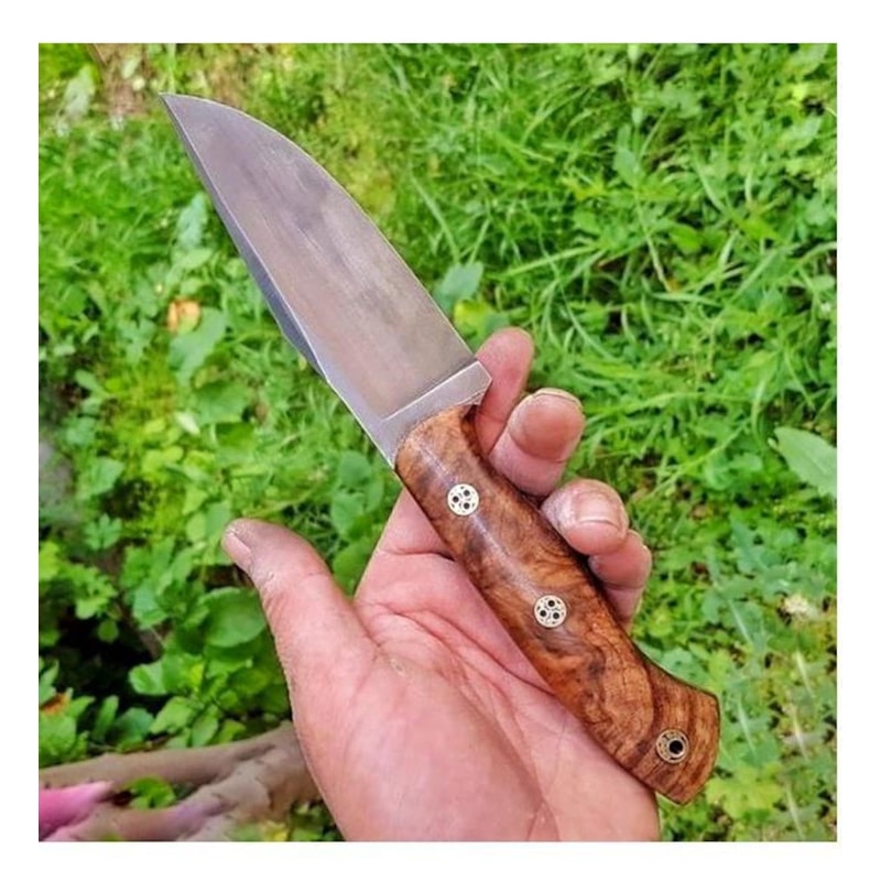 Camping Hunting Knife With Walnut Wood Grip Leather Sheath 0