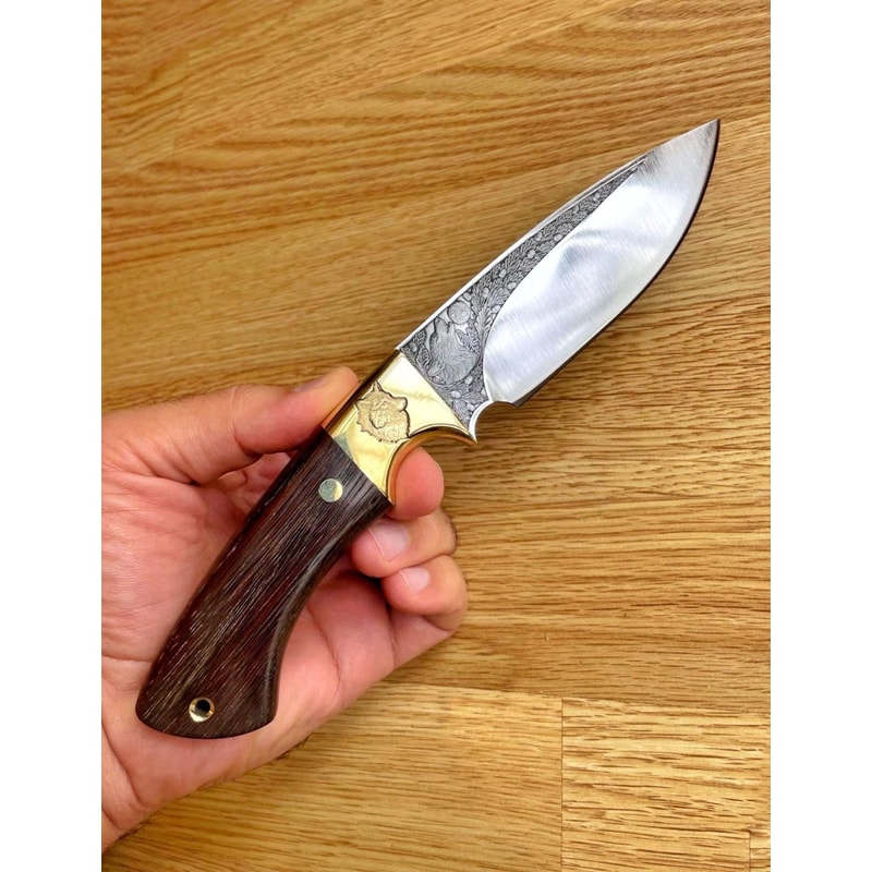 Full Tang Outdoor Knife With Ebony Wood Grip Wolf Engraved Steel Blade 9