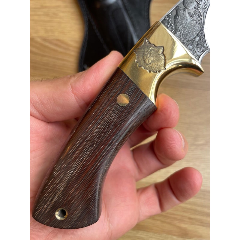 Full Tang Outdoor Knife With Ebony Wood Grip Wolf Engraved Steel Blade 6