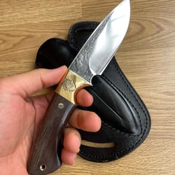 full tang outdoor knife with ebony wood grip & wolf engraved steel blade