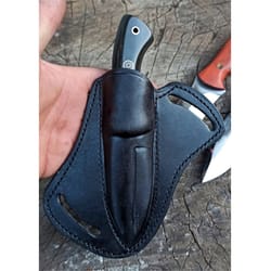 full tang hunting knife with black compact grip & leather sheath