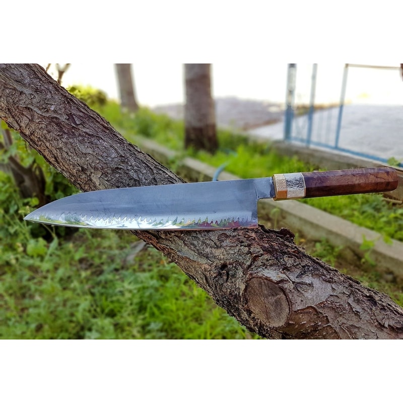 Artisan XL Kitchen Knife With Stag Horn Chestnut Handle Design 1