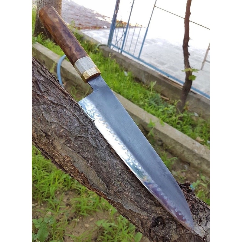 Artisan XL Kitchen Knife With Stag Horn Chestnut Handle Design 5