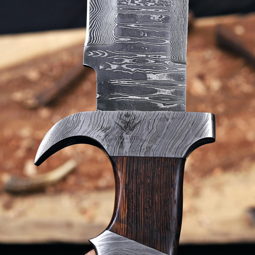 Premium Damascus Bowie Knife With Wenge Wood Handle Leather Sheath 3