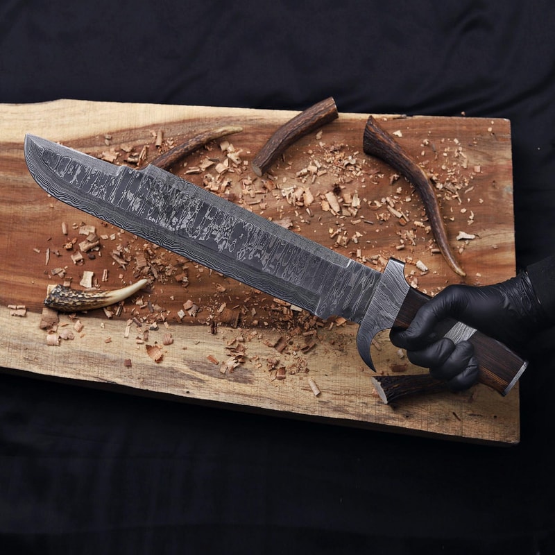 Premium Damascus Bowie Knife With Wenge Wood Handle Leather Sheath 4