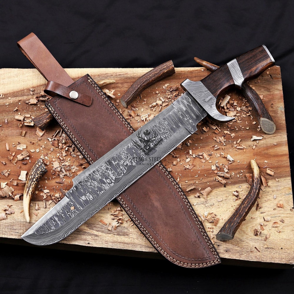 Premium Damascus Bowie Knife With Wenge Wood Handle Leather Sheath 0