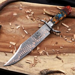 copper damascus bowie knife with elegant resin ergonomic grip