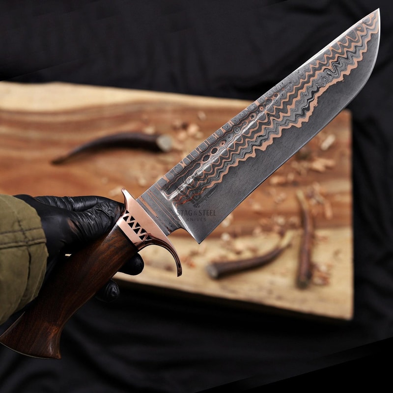Copper Damascus Bowie Knife With Carbon Fiber Resin Handle Handmade Hunting Blade Wedding GIFT 3