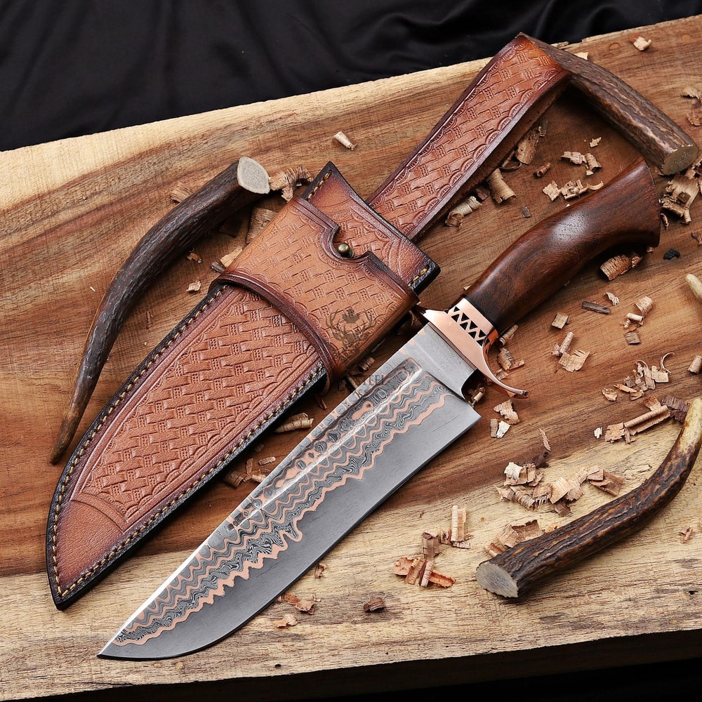 Copper Damascus Bowie Knife With Carbon Fiber Resin Handle Handmade Hunting Blade Wedding GIFT 0