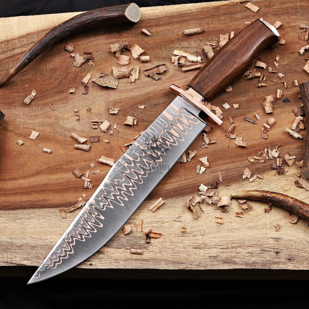 Custom Copper Damascus Bowie Hunting Knife With Stag Antler Handle Handmade Blade 0
