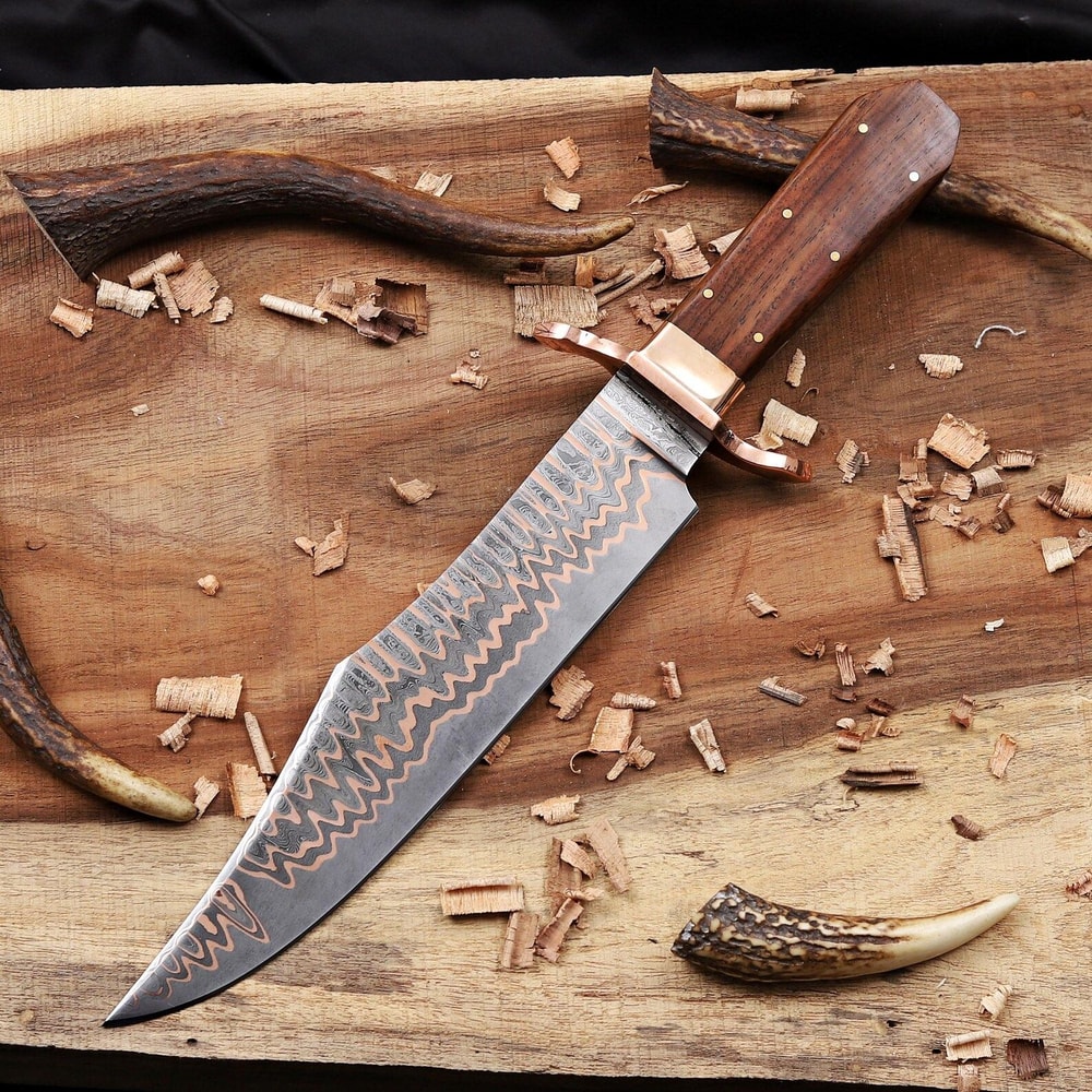 Handmade Copper Damascus Bowie Knife Striking Turquoise Resin Masterpiece 1