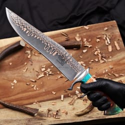 damascus bowie knife with double guard & turquoise resin handle handmade blade