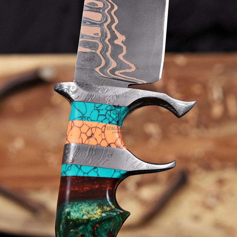 Damascus Bowie Knife With Double Guard Turquoise Resin Handle Handmade Blade 5