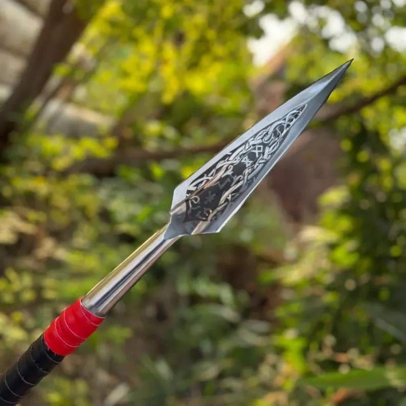 Hand Forged Ash Wood Spear 36 Inch With Engraved Steel Tip Leather Wrap 3