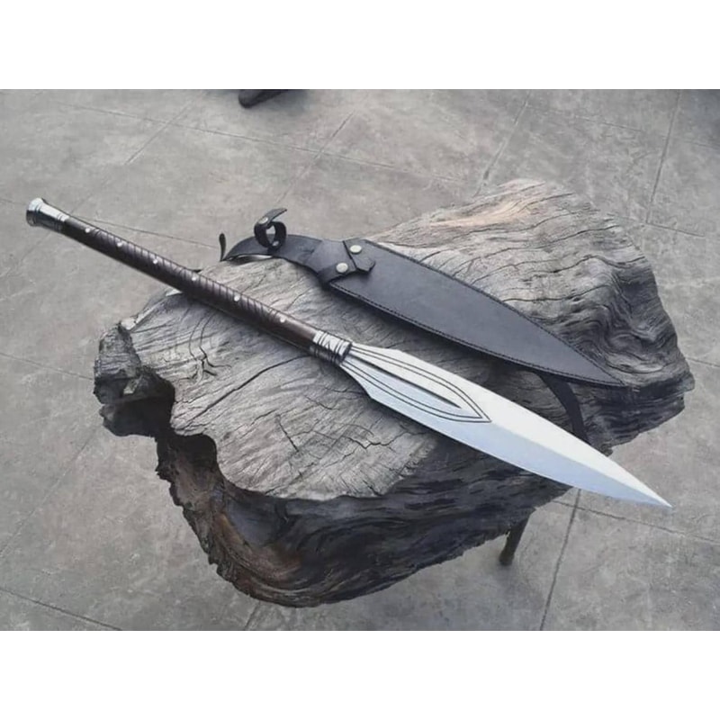 Hand Forged High Carbon Steel Spear 32 With Rosewood Handle Leather Sheath 0