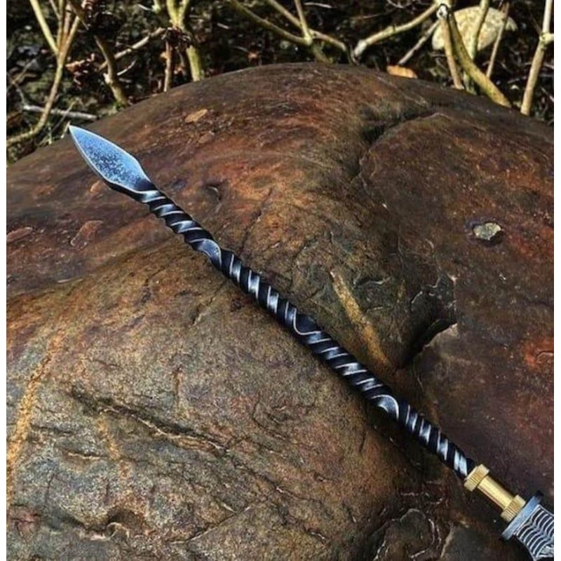 HandForged High Carbon Steel Spear 36 With Brass Accents Leather Sheath 2