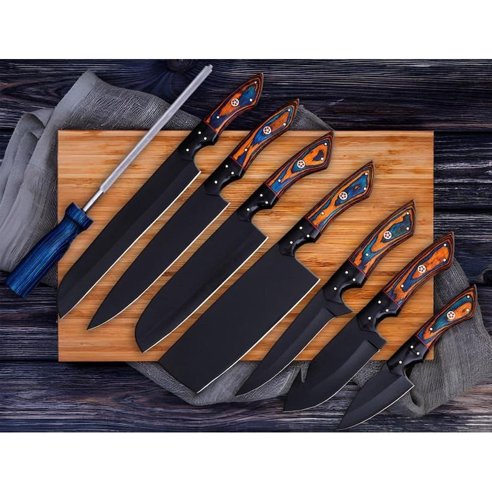 Forged Chef Knife Set With Wooden Handles Dark Finish Blades And Portable Roll Bag 0