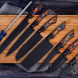 forged chef knife set with wooden handles dark finish blades and portable roll bag