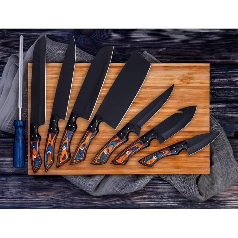 Forged Chef Knife Set With Wooden Handles Dark Finish Blades And Portable Roll Bag 4