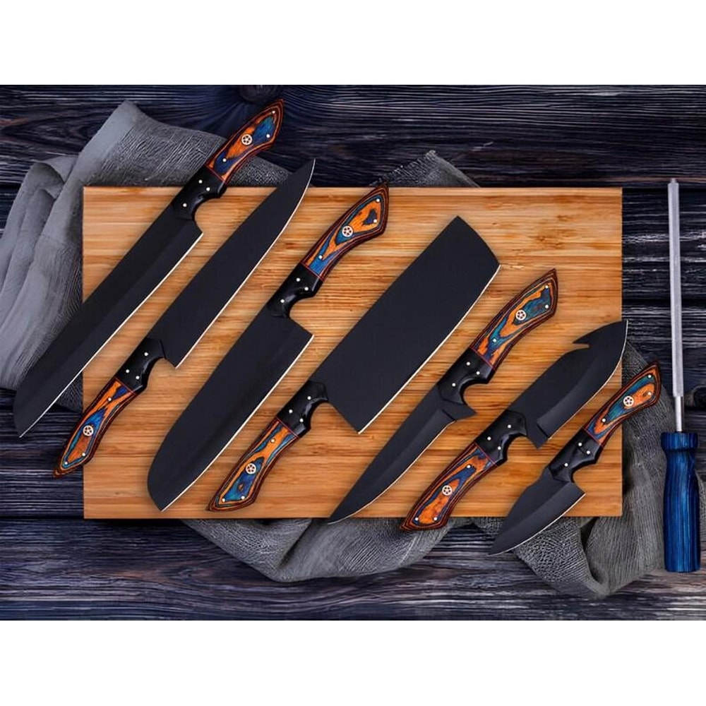 Forged Chef Knife Set With Wooden Handles Dark Finish Blades And Portable Roll Bag 5