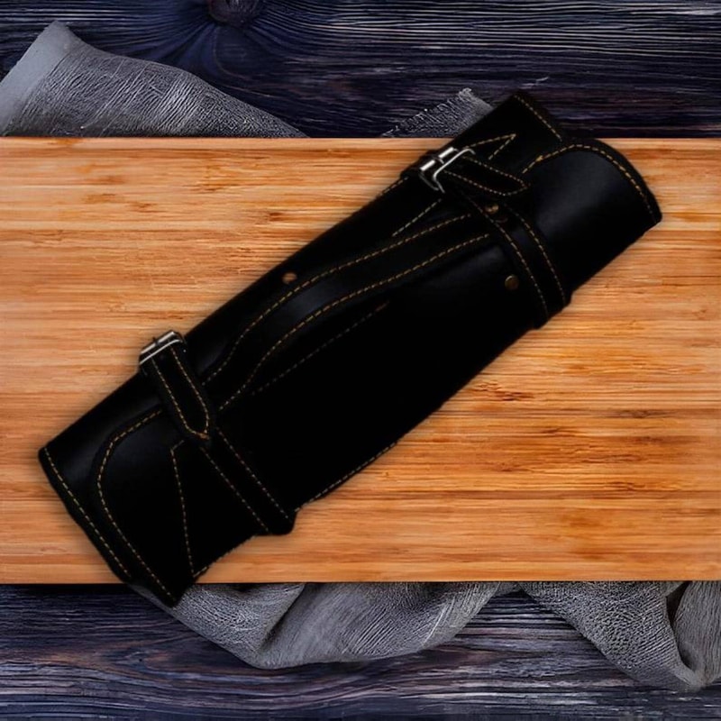 Forged Chef Knife Set With Wooden Handles Dark Finish Blades And Portable Roll Bag 6