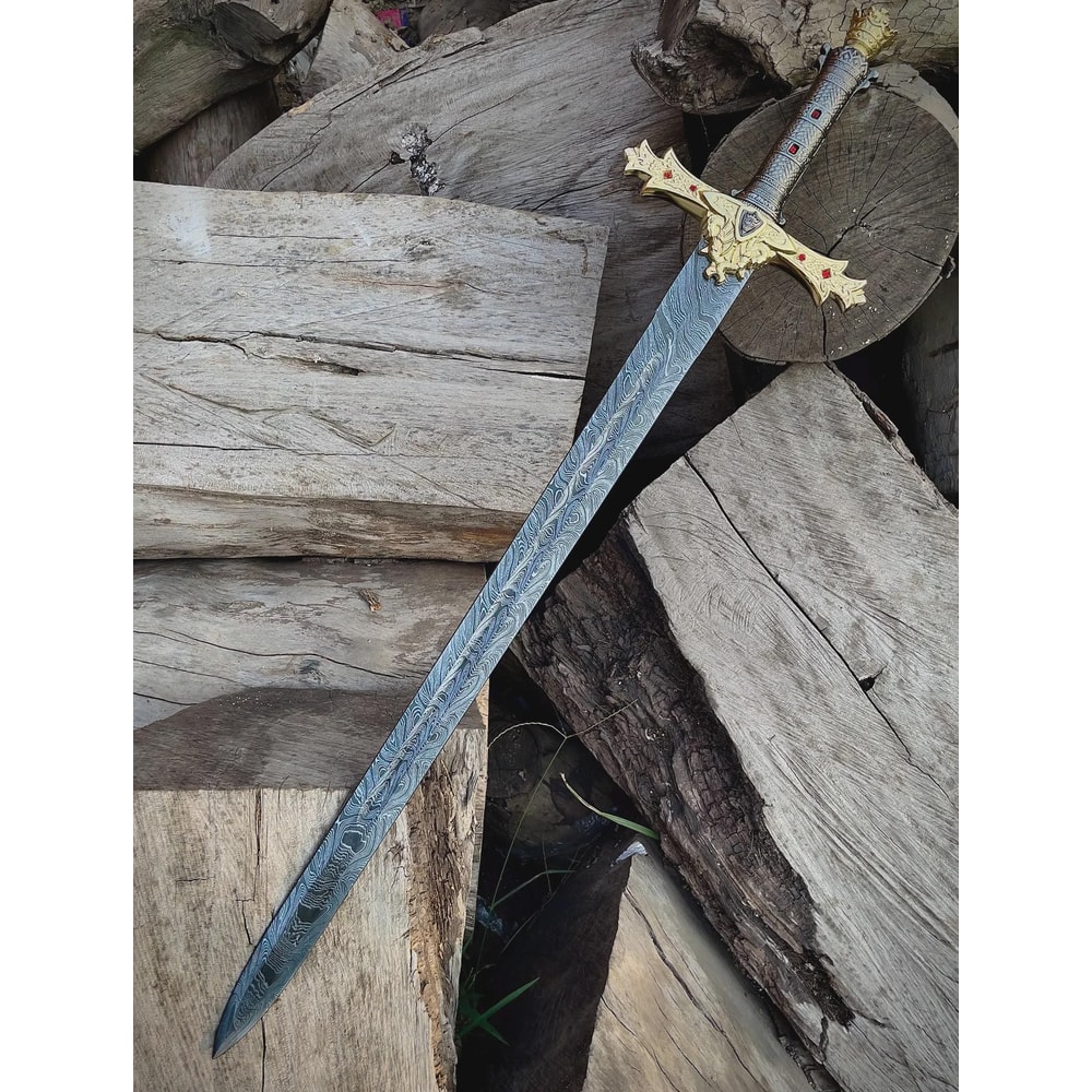 Medieval Damascus Style Sword Handmade 36 Inch With Premium Leather Sheath 0