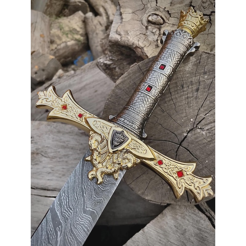 Medieval Damascus Style Sword Handmade 36 Inch With Premium Leather Sheath 1