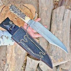18 inch handcrafted mosaic damascus bowie knife with stag grip & brass guard