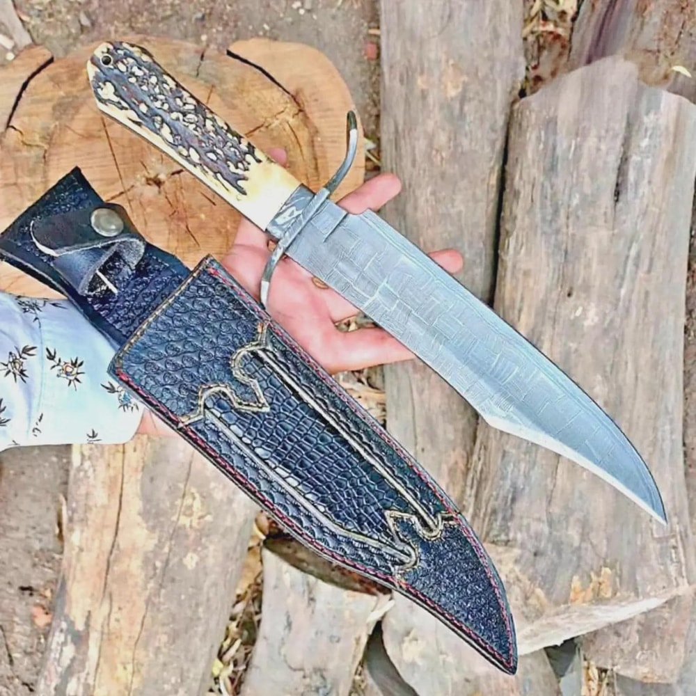 18 Inch Handcrafted Mosaic Damascus Bowie Knife With Stag Grip Brass Guard 2