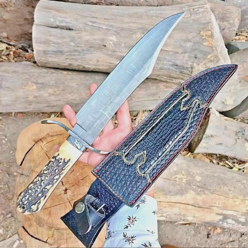18 Inch Handcrafted Mosaic Damascus Bowie Knife With Stag Grip Brass Guard 3