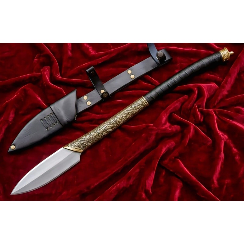 Premium Viking Collectible Spear With Engraved Brass Accents Leather Grip 1