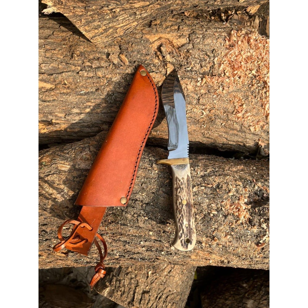 Handmade Hunting Knife Mirror Polish Steel Blade Stag Antler Handle Leather Sheath Gift 0