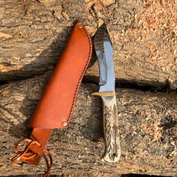handmade hunting knife mirror polish steel blade stag antler handle leather sheath gift