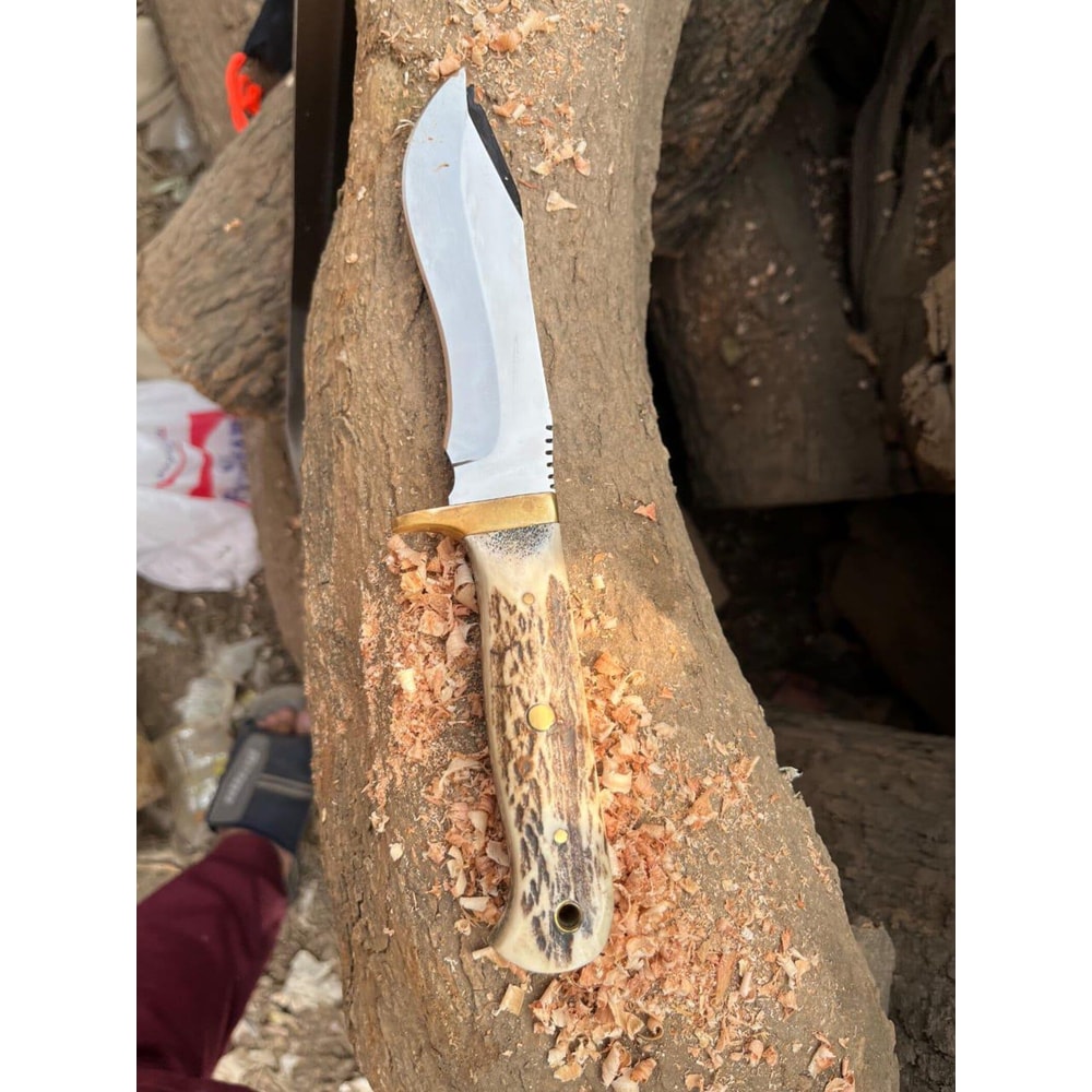 Handmade Hunting Knife Mirror Polish Steel Blade Stag Antler Handle Leather Sheath Gift 2