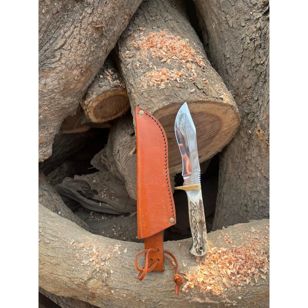 Handmade Hunting Knife Mirror Polish Steel Blade Stag Antler Handle Leather Sheath Gift 3