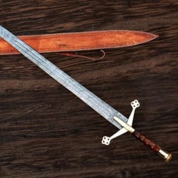 handmade damascus steel sword long double edge blade with brass cross guard wood handle